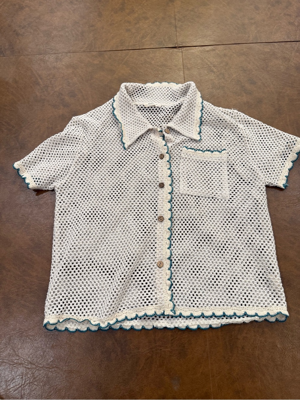 Akaiv Women's Cream Crochet Knit Button-Down Shirt - Size Medium